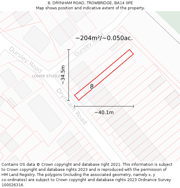 8, DRYNHAM ROAD, TROWBRIDGE, BA14 0PE: Plot and title map