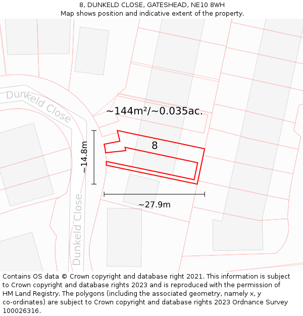 8, DUNKELD CLOSE, GATESHEAD, NE10 8WH: Plot and title map