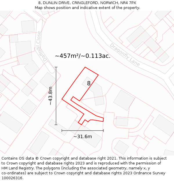 8, DUNLIN DRIVE, CRINGLEFORD, NORWICH, NR4 7PX: Plot and title map