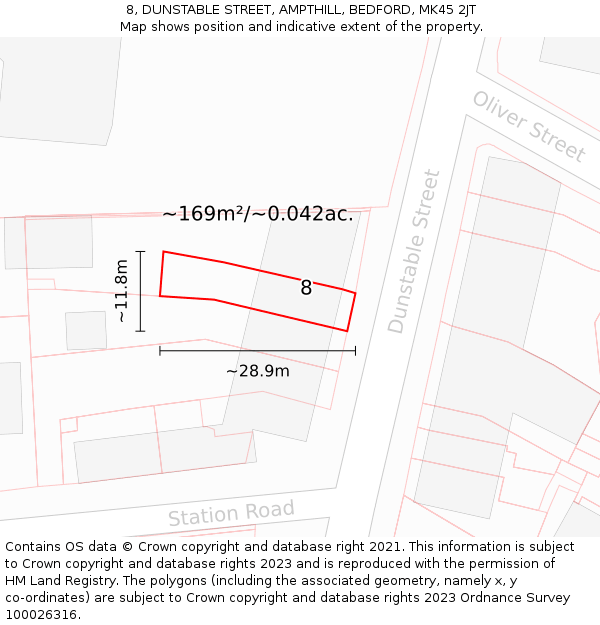 8, DUNSTABLE STREET, AMPTHILL, BEDFORD, MK45 2JT: Plot and title map