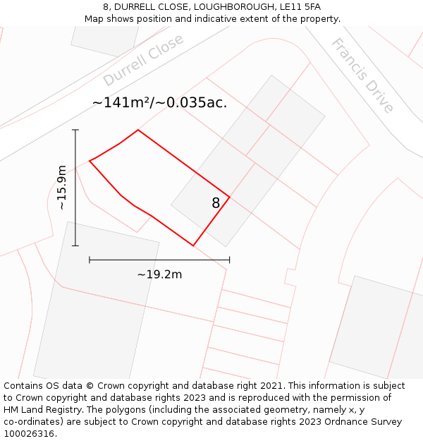 8, DURRELL CLOSE, LOUGHBOROUGH, LE11 5FA: Plot and title map