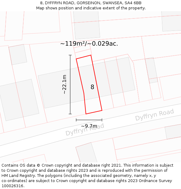 8, DYFFRYN ROAD, GORSEINON, SWANSEA, SA4 6BB: Plot and title map