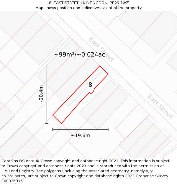8, EAST STREET, HUNTINGDON, PE29 1WZ: Plot and title map