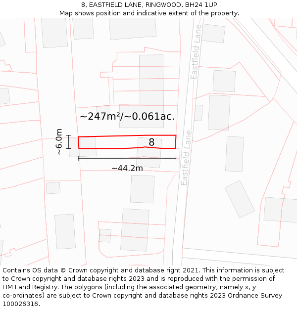 8, EASTFIELD LANE, RINGWOOD, BH24 1UP: Plot and title map