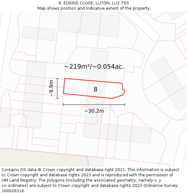 8, EDKINS CLOSE, LUTON, LU2 7SS: Plot and title map