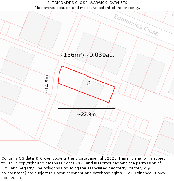 8, EDMONDES CLOSE, WARWICK, CV34 5TX: Plot and title map