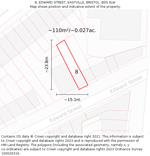 8, EDWARD STREET, EASTVILLE, BRISTOL, BS5 6LW: Plot and title map