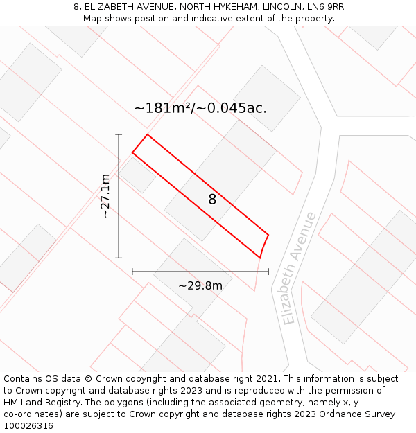 8, ELIZABETH AVENUE, NORTH HYKEHAM, LINCOLN, LN6 9RR: Plot and title map