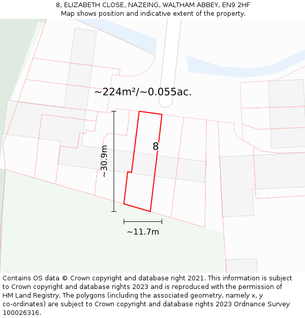 8, ELIZABETH CLOSE, NAZEING, WALTHAM ABBEY, EN9 2HF: Plot and title map