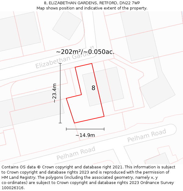 8, ELIZABETHAN GARDENS, RETFORD, DN22 7WP: Plot and title map