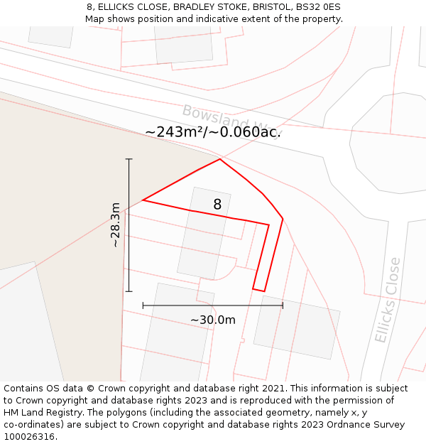 8, ELLICKS CLOSE, BRADLEY STOKE, BRISTOL, BS32 0ES: Plot and title map