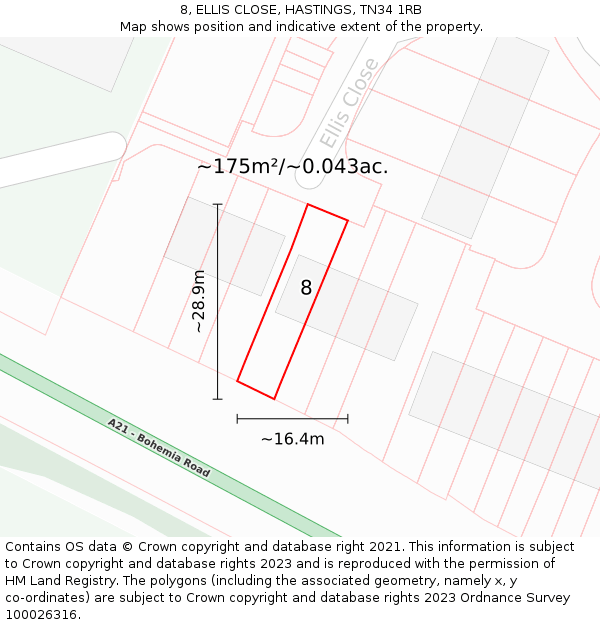 8, ELLIS CLOSE, HASTINGS, TN34 1RB: Plot and title map