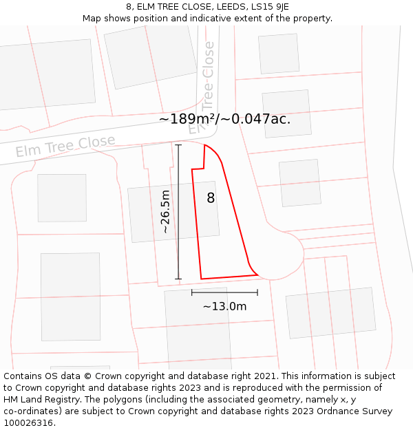 8, ELM TREE CLOSE, LEEDS, LS15 9JE: Plot and title map