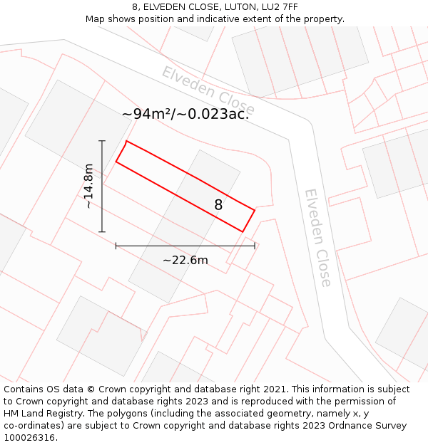 8, ELVEDEN CLOSE, LUTON, LU2 7FF: Plot and title map