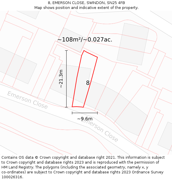 8, EMERSON CLOSE, SWINDON, SN25 4FB: Plot and title map