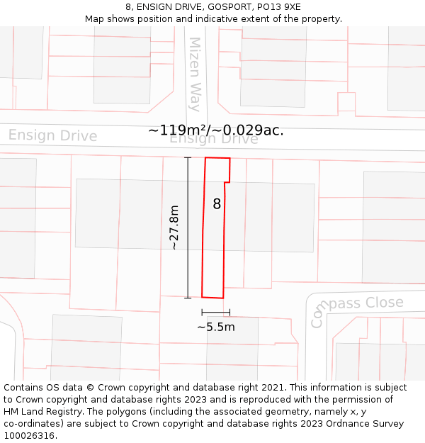 8, ENSIGN DRIVE, GOSPORT, PO13 9XE: Plot and title map