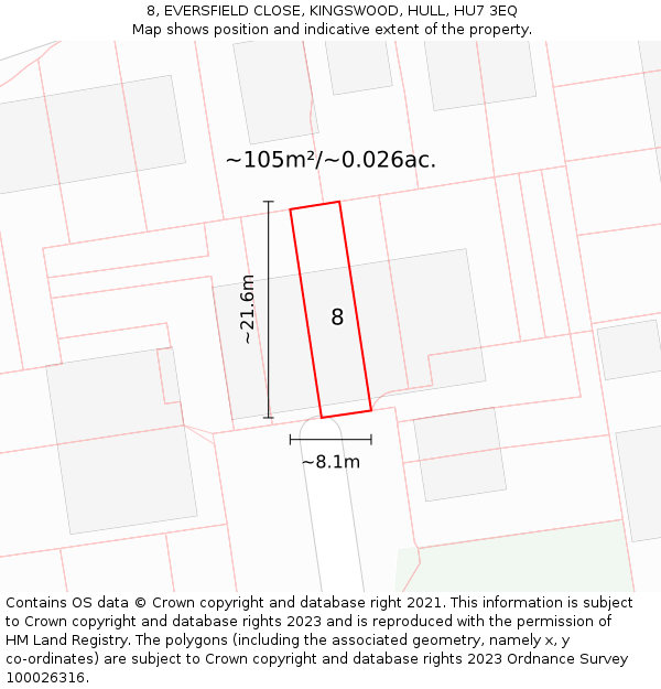 8, EVERSFIELD CLOSE, KINGSWOOD, HULL, HU7 3EQ: Plot and title map