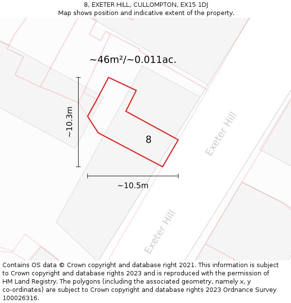8, EXETER HILL, CULLOMPTON, EX15 1DJ: Plot and title map