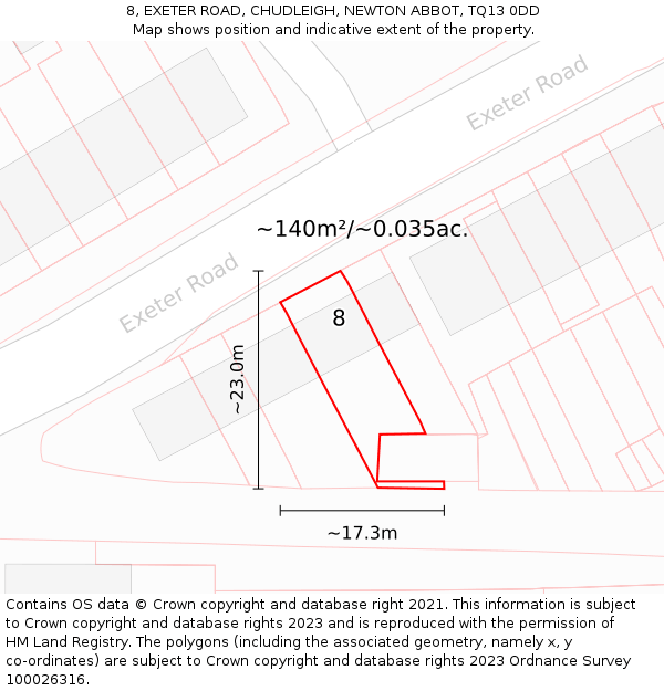 8, EXETER ROAD, CHUDLEIGH, NEWTON ABBOT, TQ13 0DD: Plot and title map
