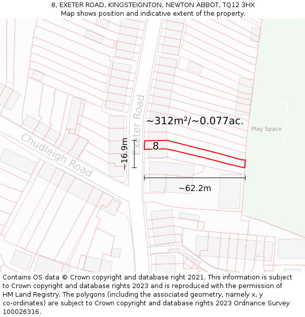 8, EXETER ROAD, KINGSTEIGNTON, NEWTON ABBOT, TQ12 3HX: Plot and title map