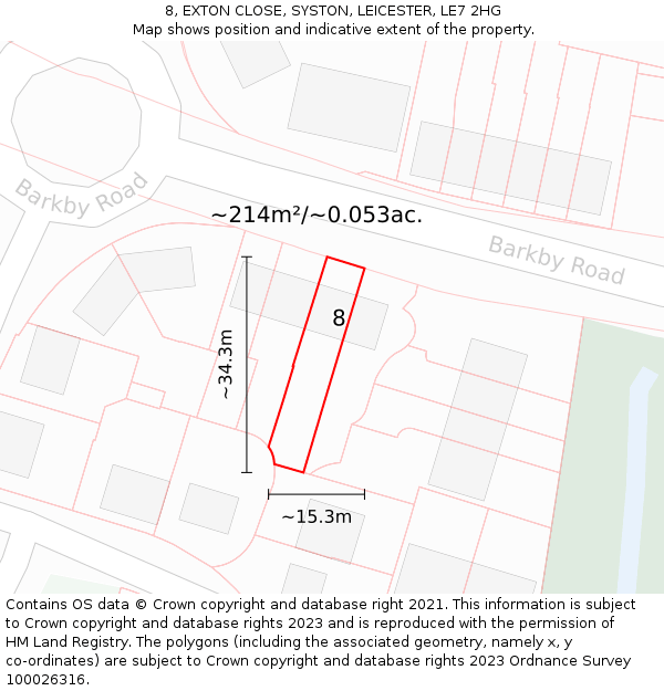 8, EXTON CLOSE, SYSTON, LEICESTER, LE7 2HG: Plot and title map