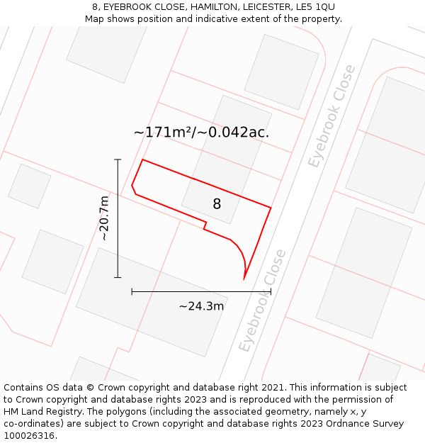 8, EYEBROOK CLOSE, HAMILTON, LEICESTER, LE5 1QU: Plot and title map