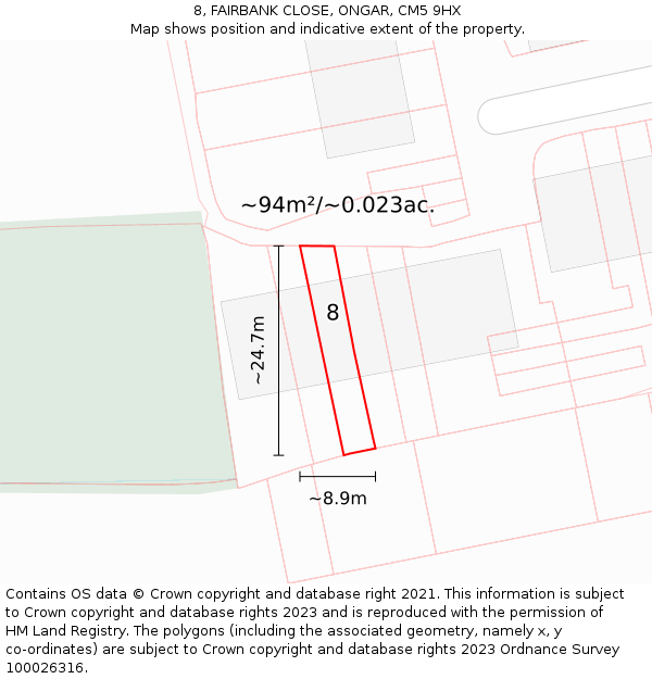 8, FAIRBANK CLOSE, ONGAR, CM5 9HX: Plot and title map