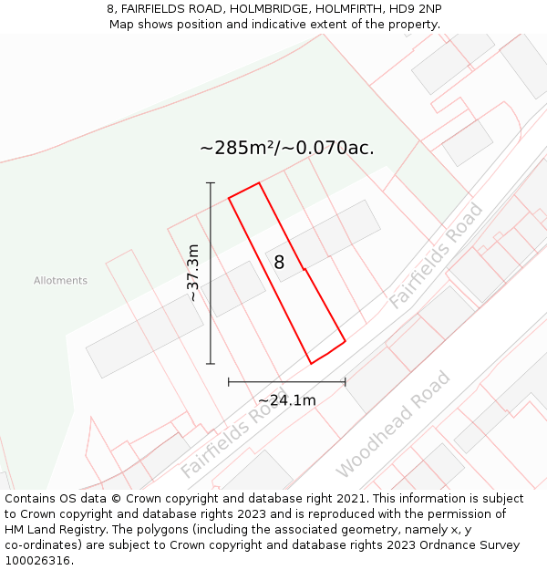 8, FAIRFIELDS ROAD, HOLMBRIDGE, HOLMFIRTH, HD9 2NP: Plot and title map