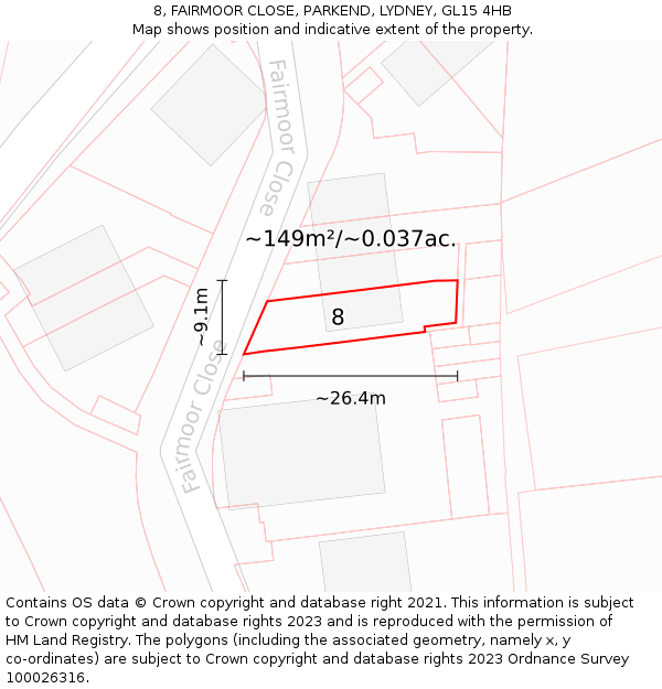 8, FAIRMOOR CLOSE, PARKEND, LYDNEY, GL15 4HB: Plot and title map