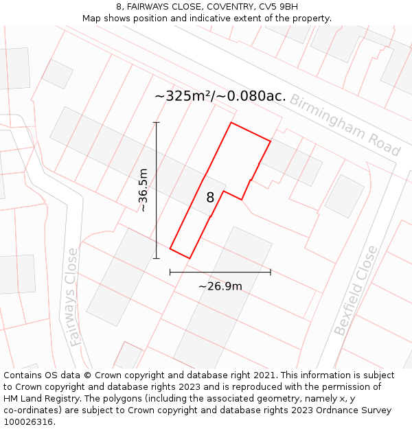 8, FAIRWAYS CLOSE, COVENTRY, CV5 9BH: Plot and title map