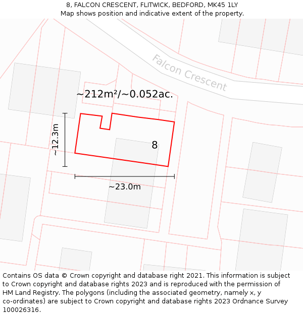 8, FALCON CRESCENT, FLITWICK, BEDFORD, MK45 1LY: Plot and title map