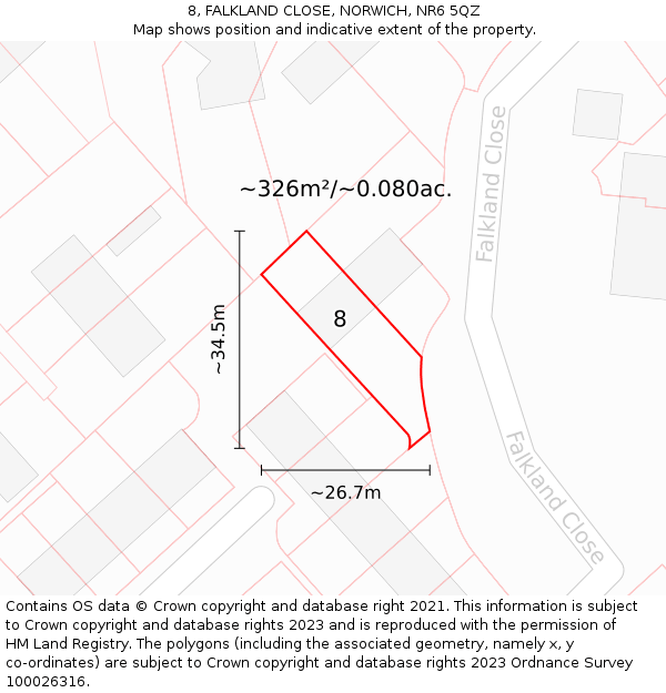 8, FALKLAND CLOSE, NORWICH, NR6 5QZ: Plot and title map