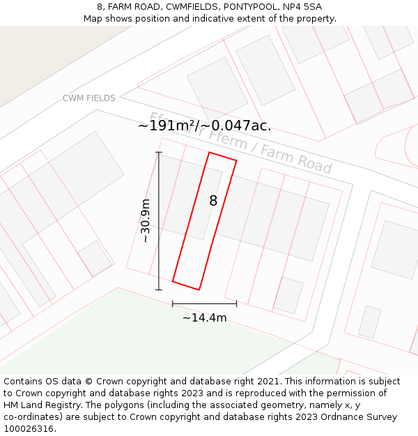 8, FARM ROAD, CWMFIELDS, PONTYPOOL, NP4 5SA: Plot and title map