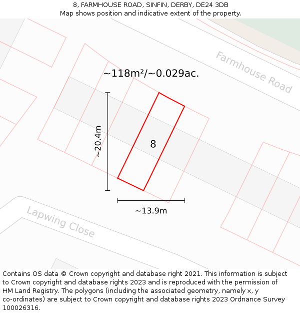 8, FARMHOUSE ROAD, SINFIN, DERBY, DE24 3DB: Plot and title map