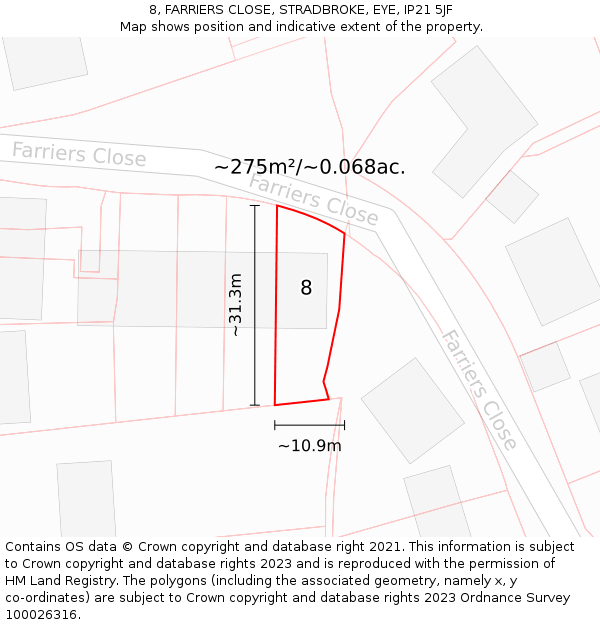8, FARRIERS CLOSE, STRADBROKE, EYE, IP21 5JF: Plot and title map