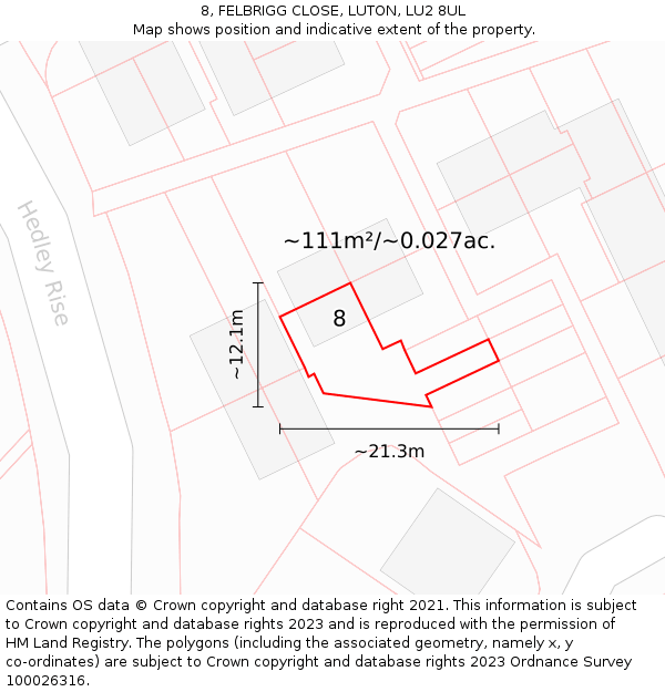 8, FELBRIGG CLOSE, LUTON, LU2 8UL: Plot and title map