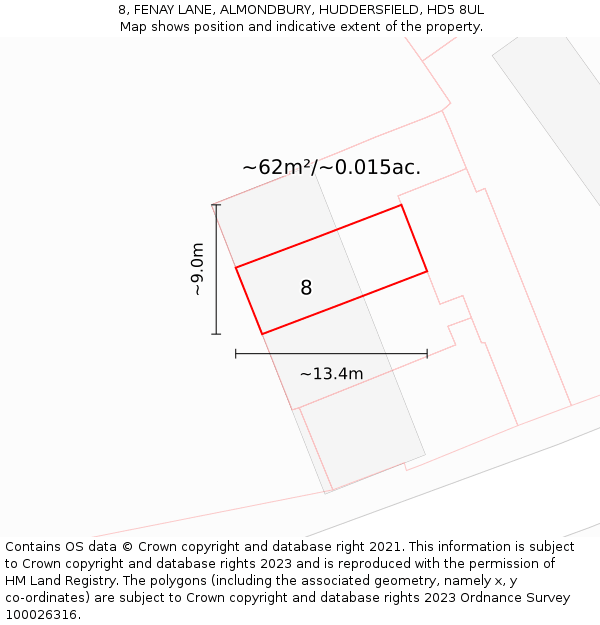 8, FENAY LANE, ALMONDBURY, HUDDERSFIELD, HD5 8UL: Plot and title map