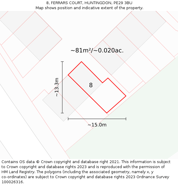 8, FERRARS COURT, HUNTINGDON, PE29 3BU: Plot and title map