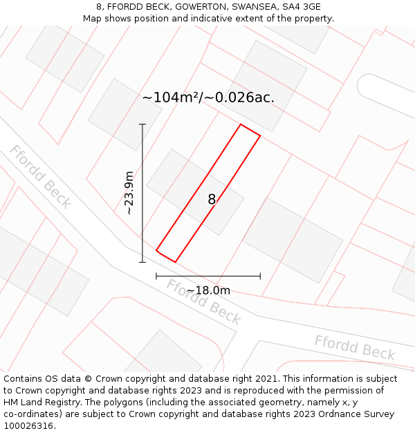8, FFORDD BECK, GOWERTON, SWANSEA, SA4 3GE: Plot and title map