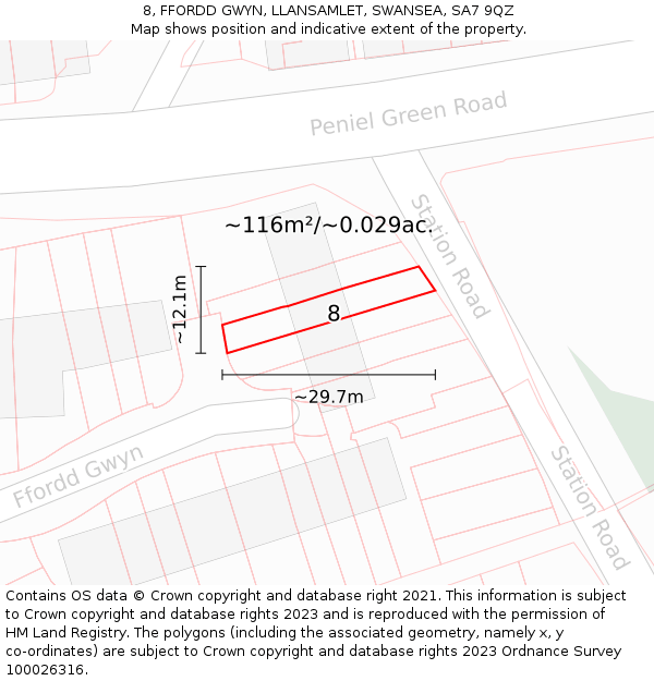 8, FFORDD GWYN, LLANSAMLET, SWANSEA, SA7 9QZ: Plot and title map