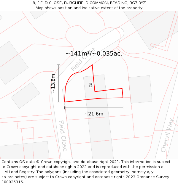 8, FIELD CLOSE, BURGHFIELD COMMON, READING, RG7 3YZ: Plot and title map