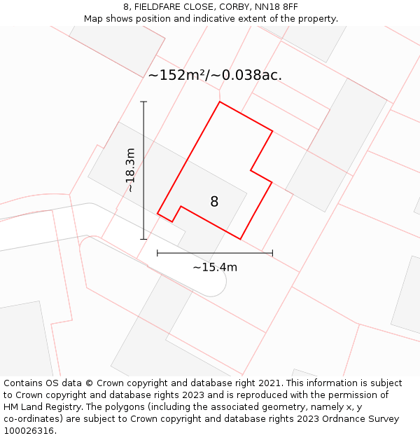 8, FIELDFARE CLOSE, CORBY, NN18 8FF: Plot and title map