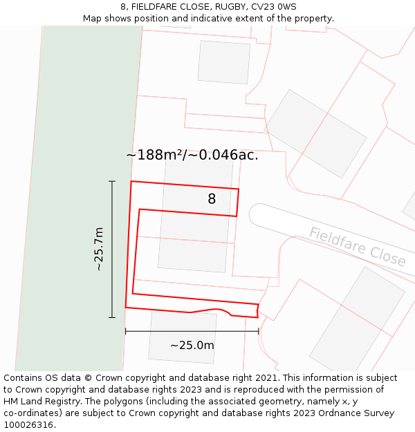 8, FIELDFARE CLOSE, RUGBY, CV23 0WS: Plot and title map
