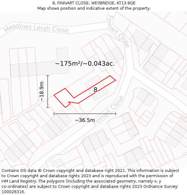 8, FINNART CLOSE, WEYBRIDGE, KT13 8QE: Plot and title map