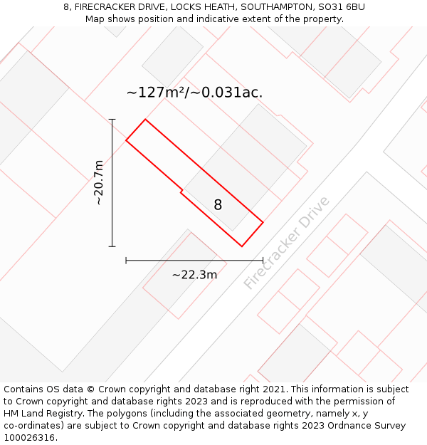 8, FIRECRACKER DRIVE, LOCKS HEATH, SOUTHAMPTON, SO31 6BU: Plot and title map