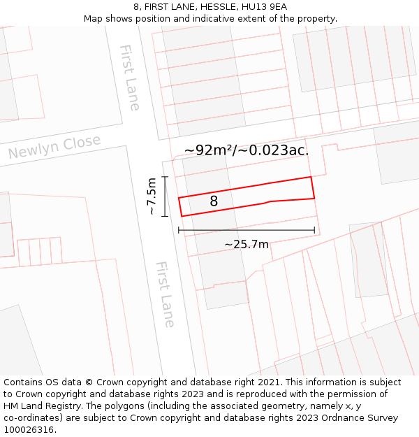 8, FIRST LANE, HESSLE, HU13 9EA: Plot and title map