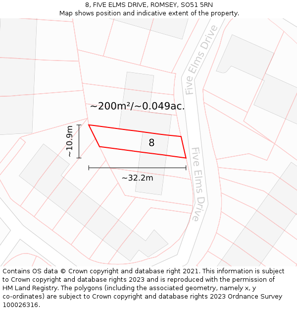 8, FIVE ELMS DRIVE, ROMSEY, SO51 5RN: Plot and title map
