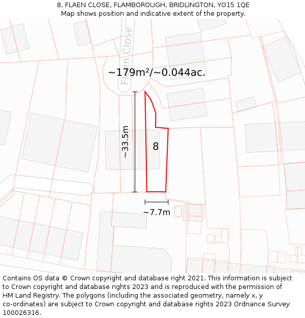 8, FLAEN CLOSE, FLAMBOROUGH, BRIDLINGTON, YO15 1QE: Plot and title map