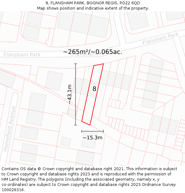 8, FLANSHAM PARK, BOGNOR REGIS, PO22 6QD: Plot and title map