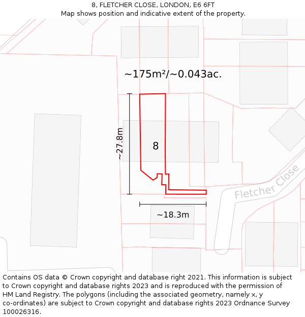 8, FLETCHER CLOSE, LONDON, E6 6FT: Plot and title map